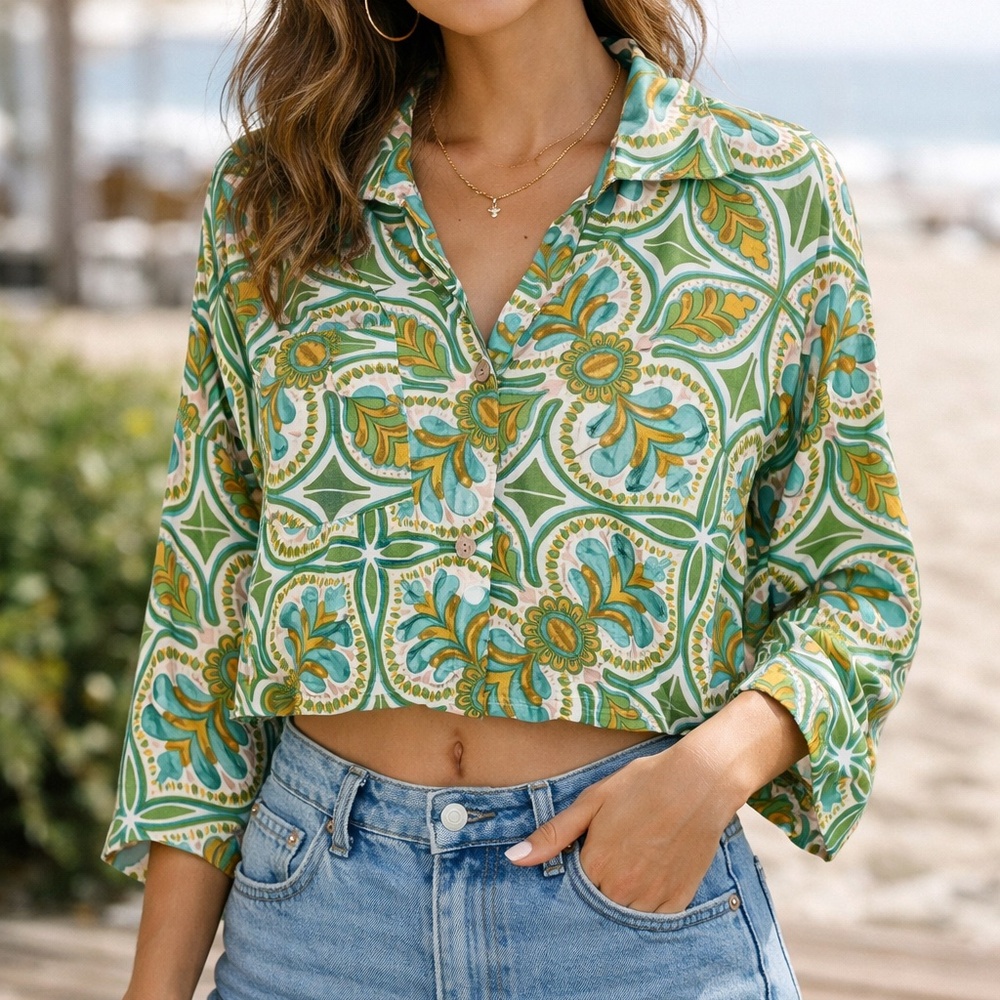 Haute Hippie Mosaic Relaxed Fit Coastal Button up Blouse Sz L
